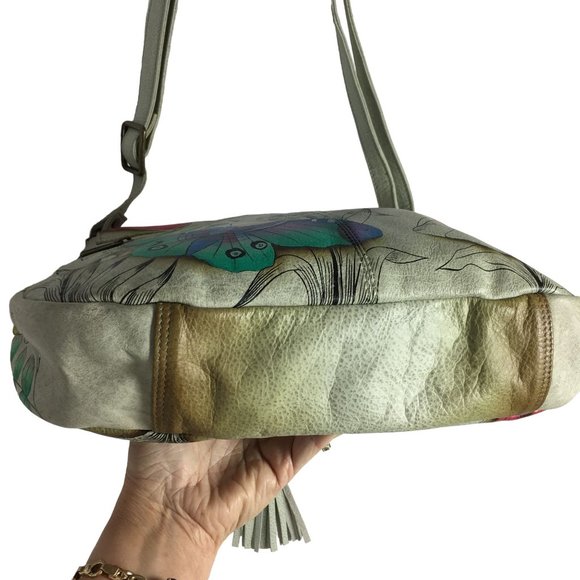 Anuschka NEVER USED Handpainted Leather Shoulder Bag Tassel Butterfly - Picture 9 of 12